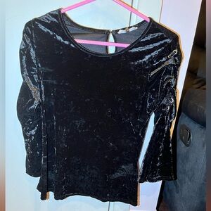 Black Long Bell Sleeve Velveteen Top with Lace-up Sleeves from Liquid by Sioni